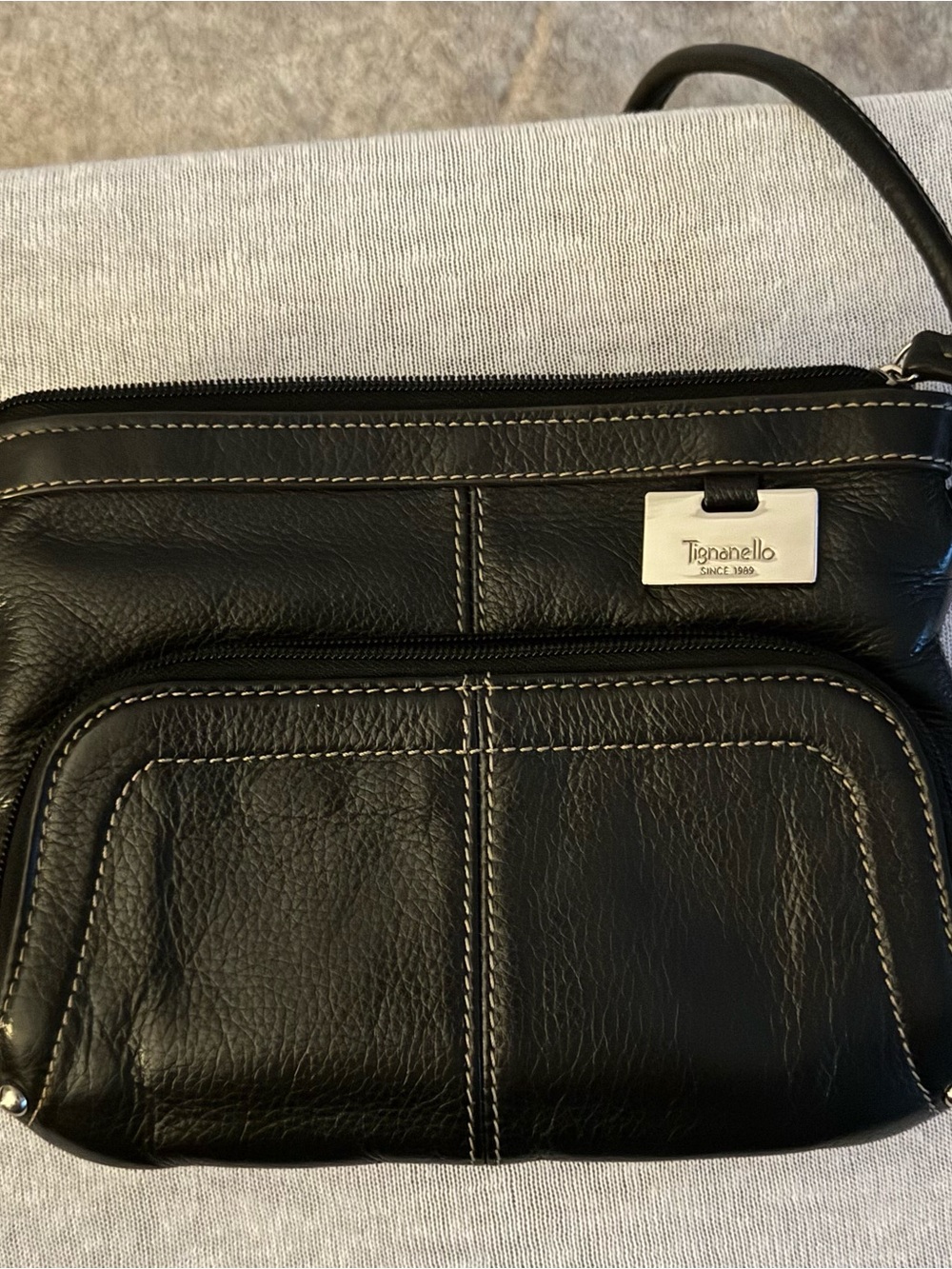 Tignanello Black Leather Crossbody with Contrast Stitching